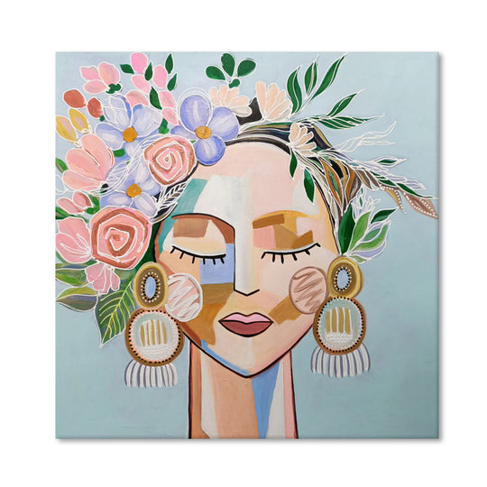 Botanical Muse - Hand Painted Contemporary Portrait Artwork 120x120cm - AC599