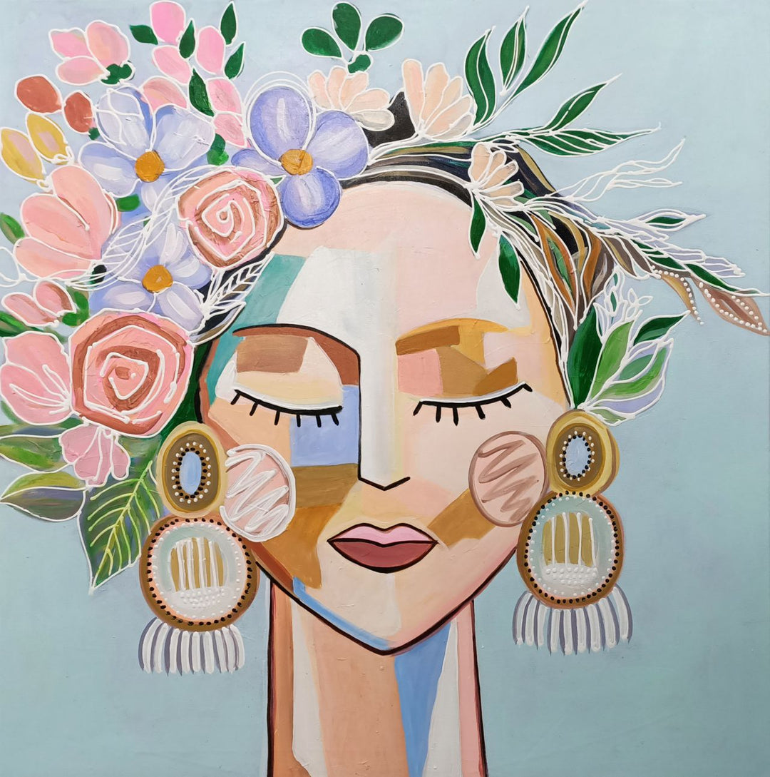 Botanical Muse - Hand Painted Contemporary Portrait Artwork 120x120cm - AC599