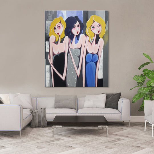Tepid Divas - Quirky, Whimsical Painting Featuring Three Stylized Women At A Party, Size 100x120cm