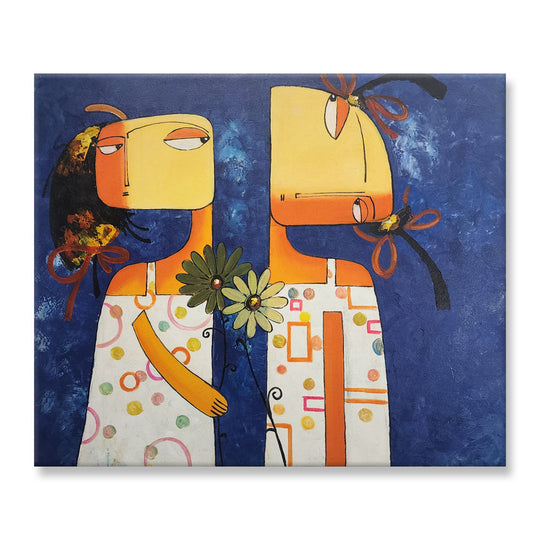 Quirky Friends - Whimsical Portrait of two Stylized Girls on a Bold Blue Backdrop, Size 100x120cm