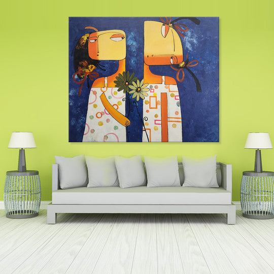 Quirky Friends - Whimsical Portrait of two Stylized Girls on a Bold Blue Backdrop, Size 100x120cm
