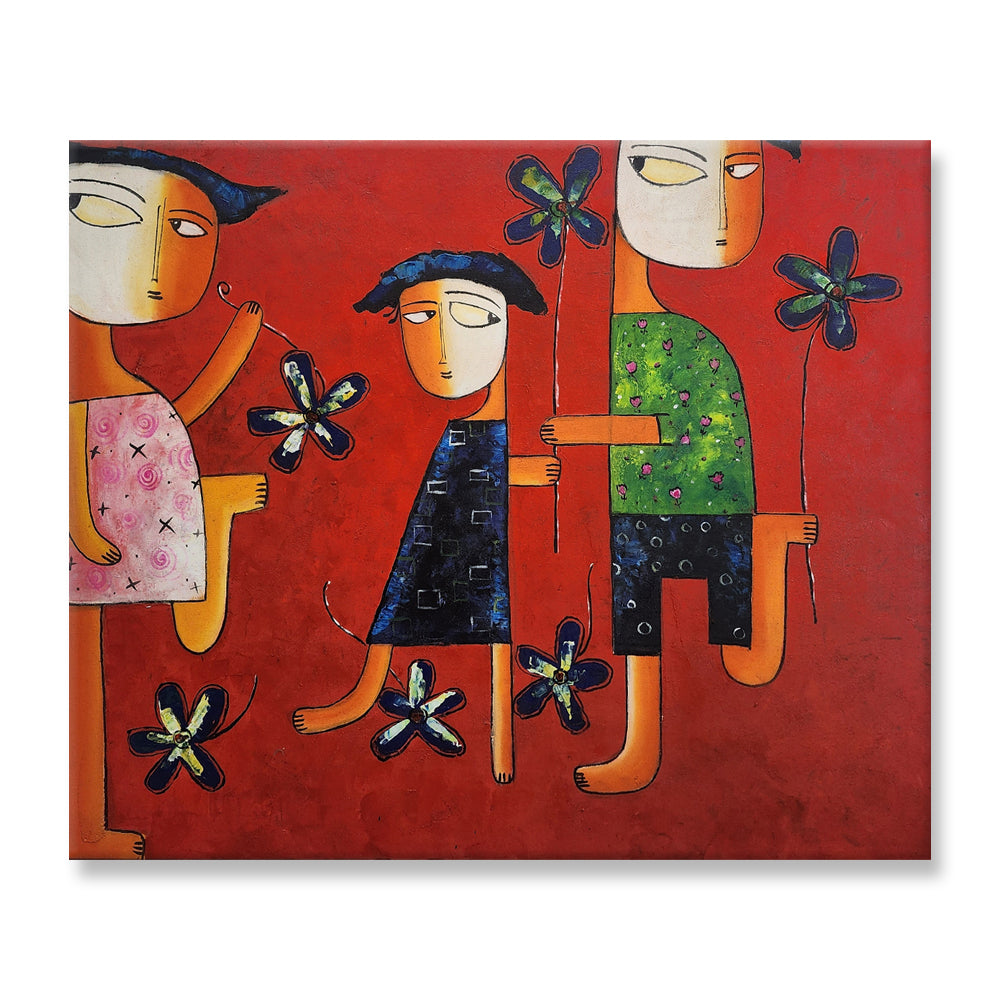 Quirky Kids - Striking, Whimsical Artwork Depicting Kids at Play on a  Bold Red Background, Size 100x120cm