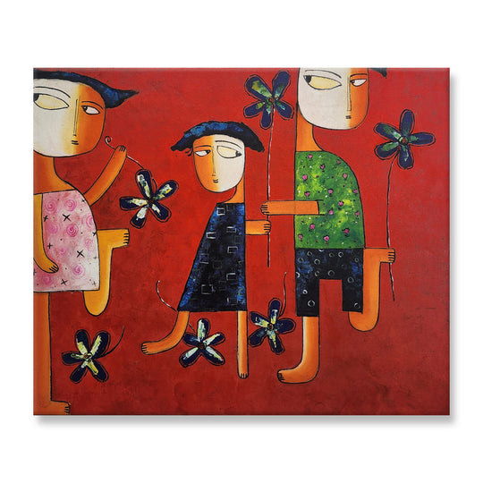 Quirky Kids - Striking, Whimsical Artwork Depicting Kids at Play on a  Bold Red Background, Size 100x120cm