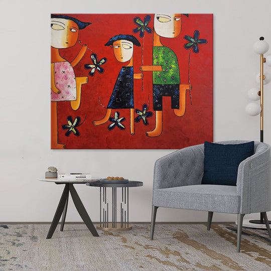 Quirky Kids - Striking, Whimsical Artwork Depicting Kids at Play on a  Bold Red Background, Size 100x120cm