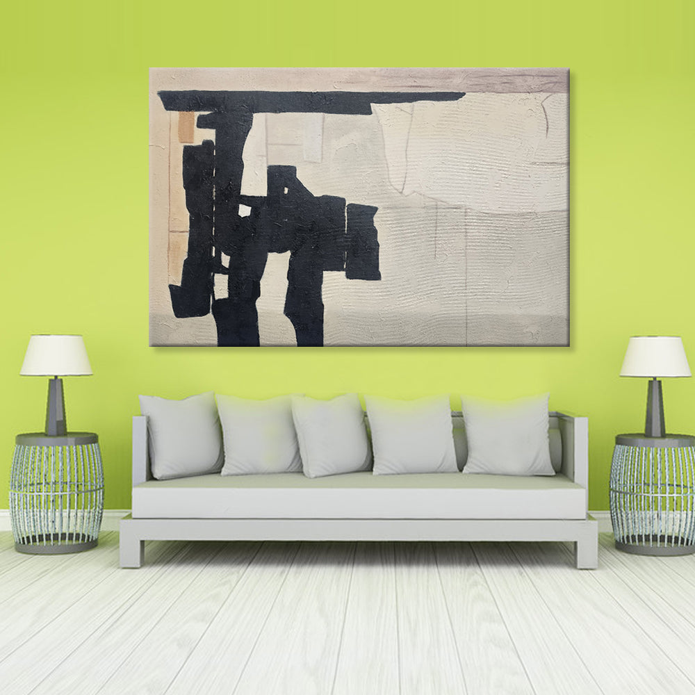 Muted and Black - Stunning Neutral Toned Modern Abstract Art Featuring Black Forms on a Neutral Background,  Size 60x90cm