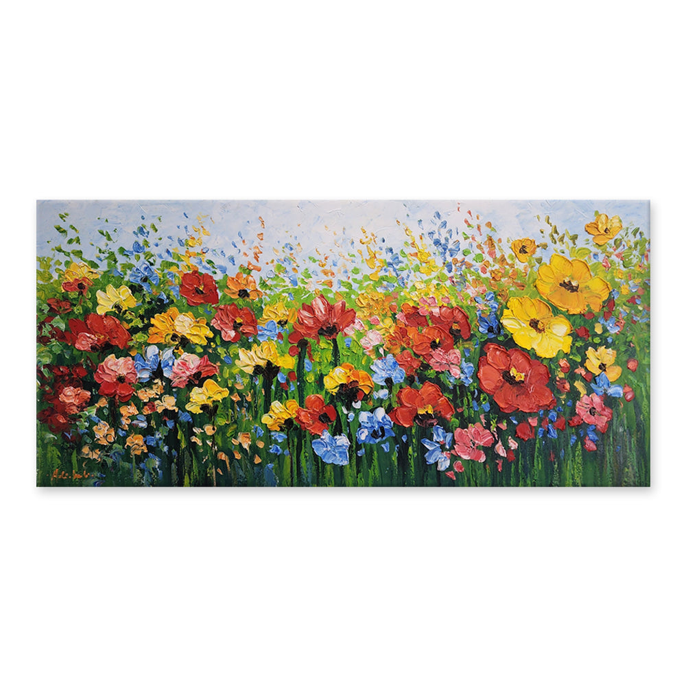 Floral Field - Stunning Colourful, Thickly Textured Painting Depicting Colourful Flowers in a Field, Size 70x150cm