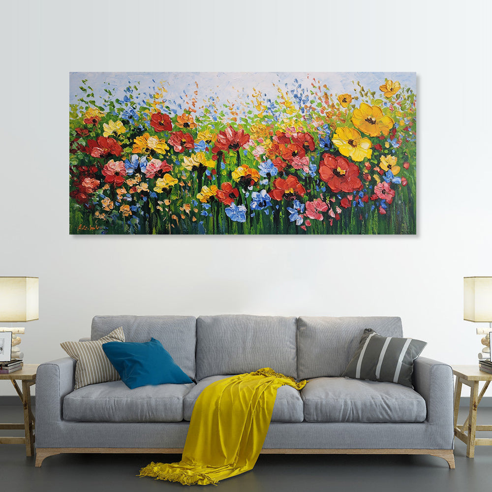 Floral Field - Stunning Colourful, Thickly Textured Painting Depicting Colourful Flowers in a Field, Size 70x150cm