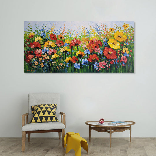 Floral Field - Stunning Colourful, Thickly Textured Painting Depicting Colourful Flowers in a Field, Size 70x150cm