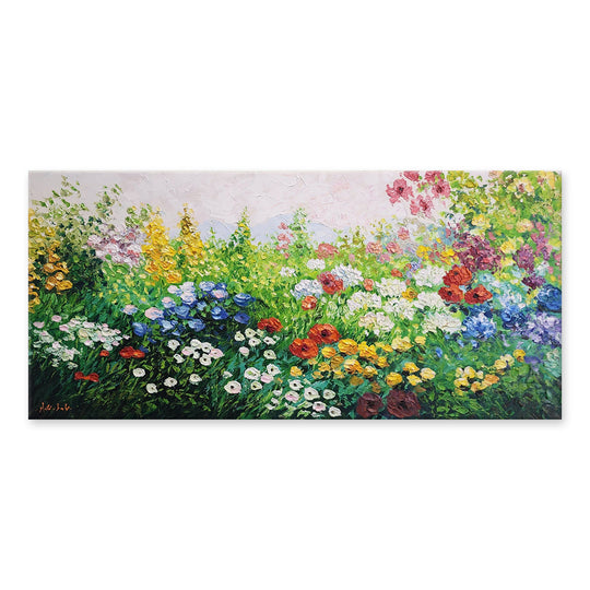 Floral Ecstacy - Stunning, Brightly Coloured, Thickly Palette Knife Painted Artwork Depicting Flowers in a Grass Field, Size 70x150cm