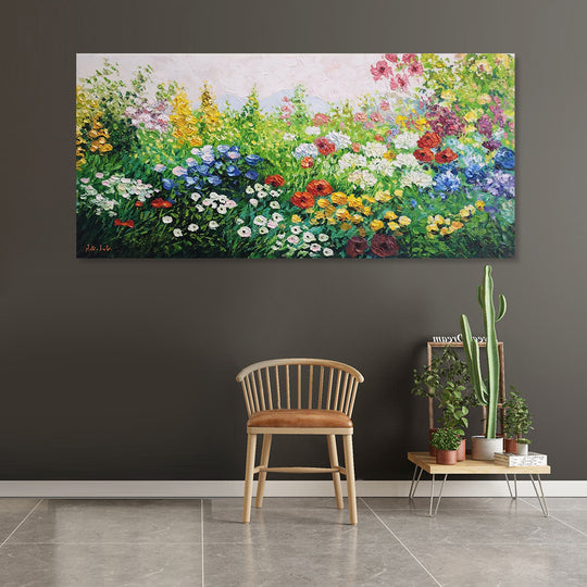 Floral Ecstacy - Stunning, Brightly Coloured, Thickly Palette Knife Painted Artwork Depicting Flowers in a Grass Field, Size 70x150cm