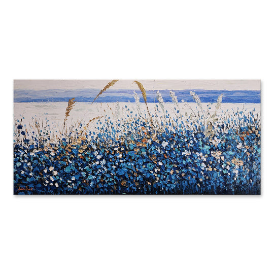 Blue Beach Grass - Stunning, Textural Palette Knife Oil Painting Depicting Grass on the Beach, Size 70x150cm