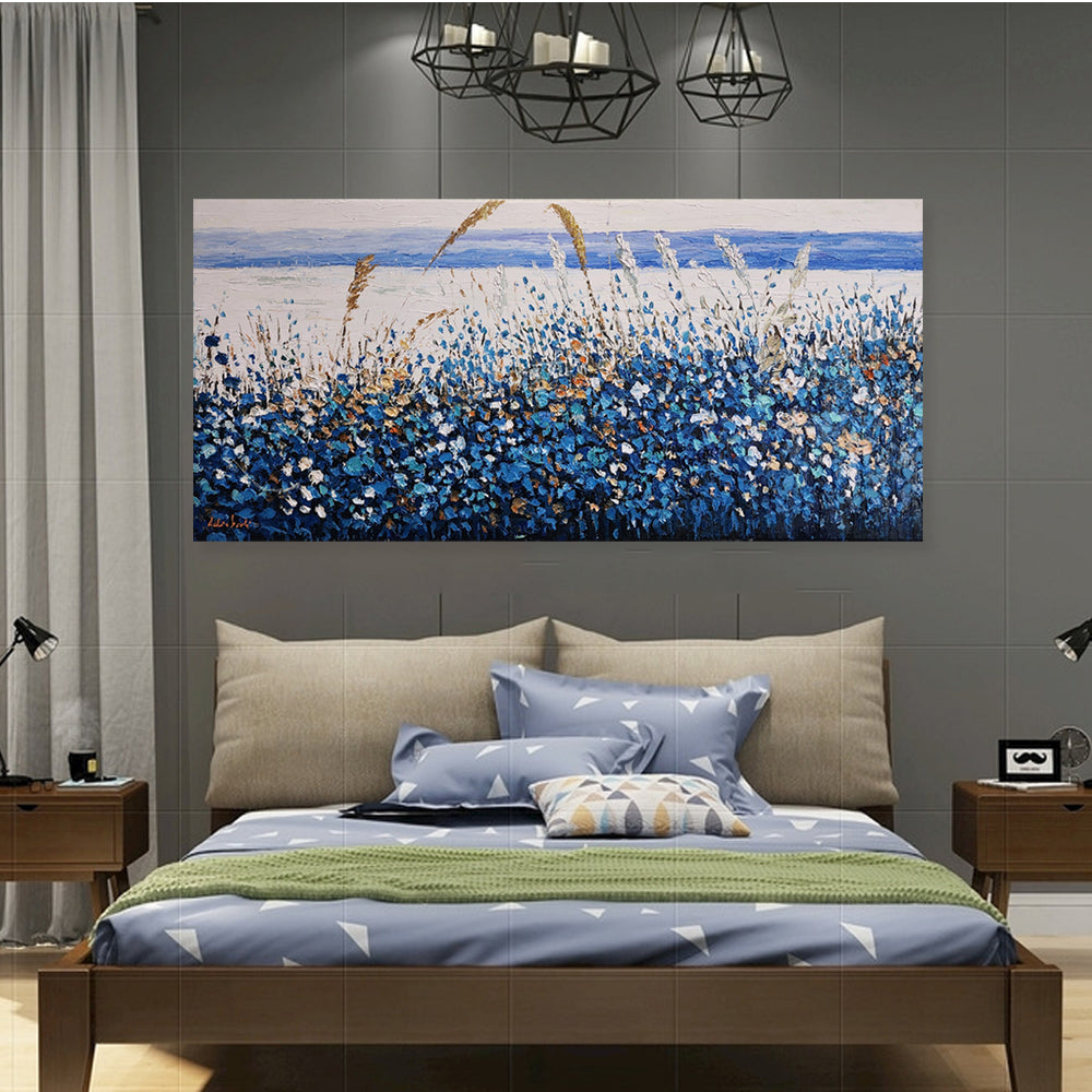 Blue Beach Grass - Stunning, Textural Palette Knife Oil Painting Depicting Grass on the Beach, Size 70x150cm