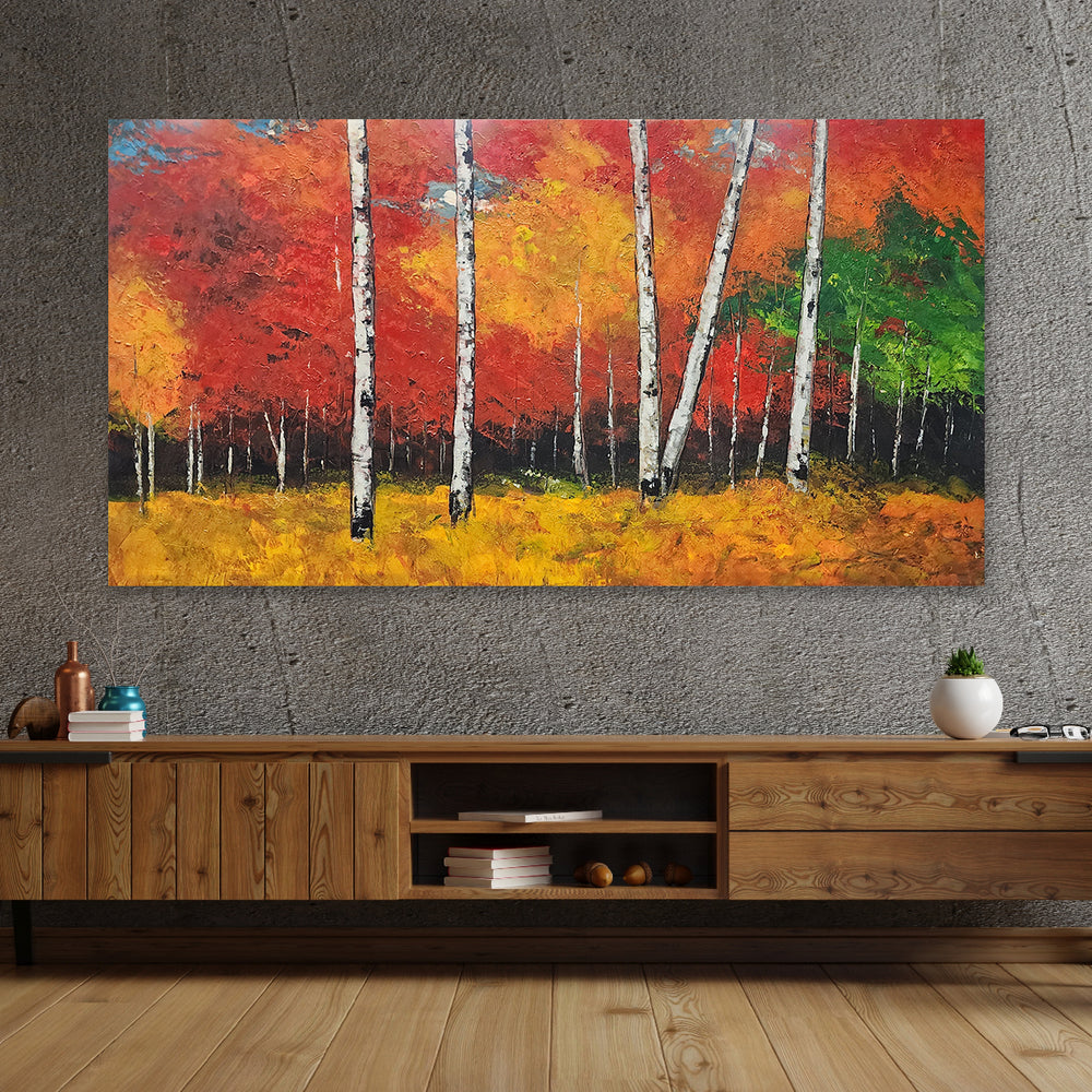 Autumn Radiance – A Bold and Captivating Handcrafted Forest Painting, Size 80x150cm