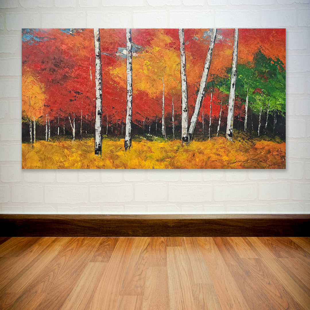 Autumn Radiance – A Bold and Captivating Handcrafted Forest Painting, Size 80x150cm