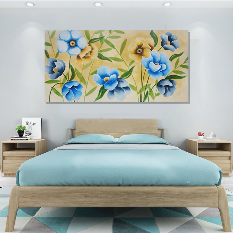 Whispering Blooms-Textured Blue & Beige Floral Elegance,  80x150cm