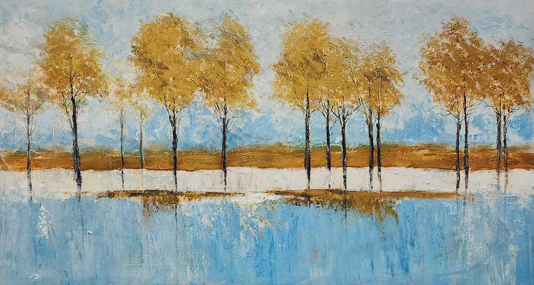 Golden Reflections: Serene Hand-Painted Landscape, Size 80x150