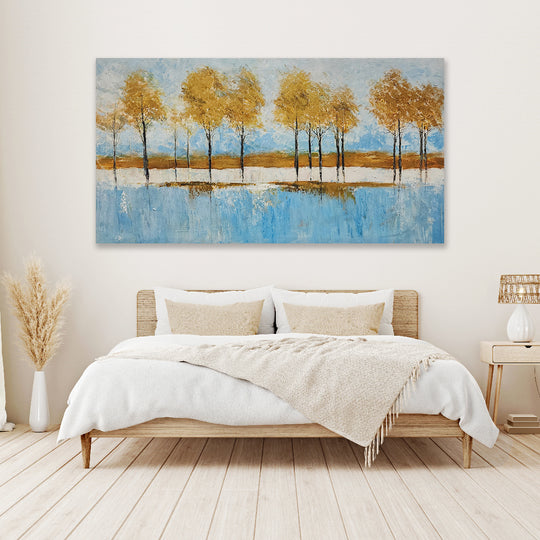Golden Reflections: Serene Hand-Painted Landscape, Size 80x150
