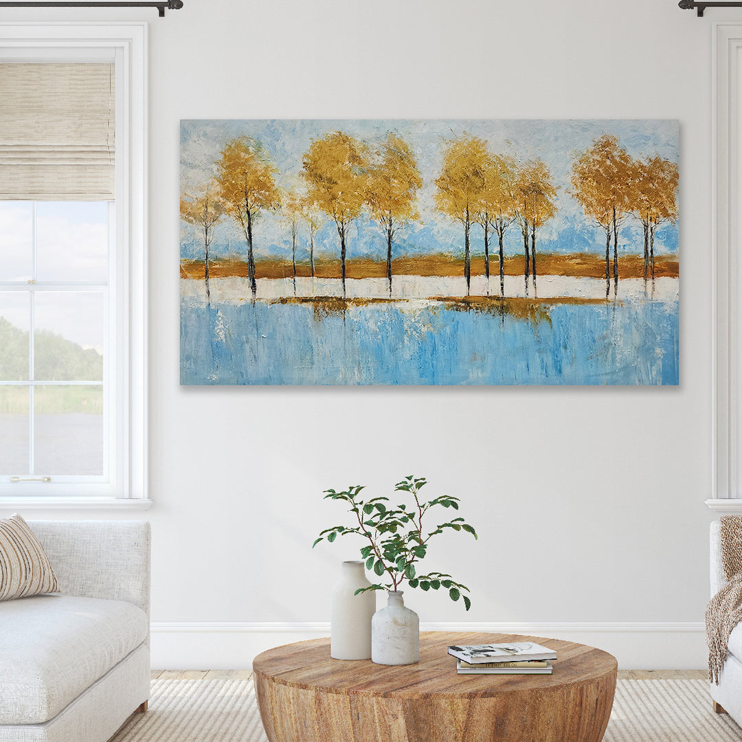 Golden Reflections: Serene Hand-Painted Landscape, Size 80x150