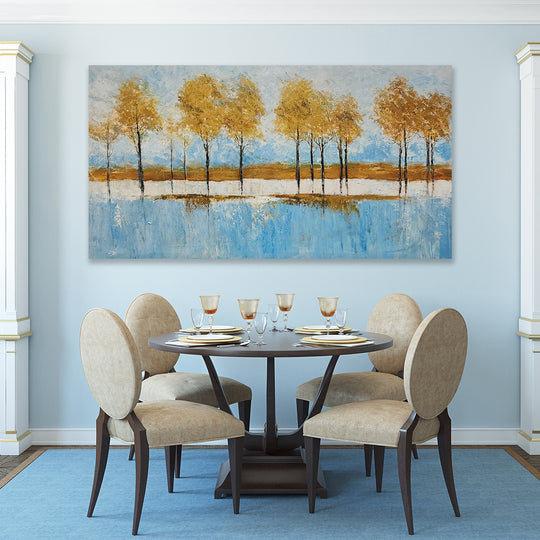 Golden Reflections: Serene Hand-Painted Landscape, Size 80x150