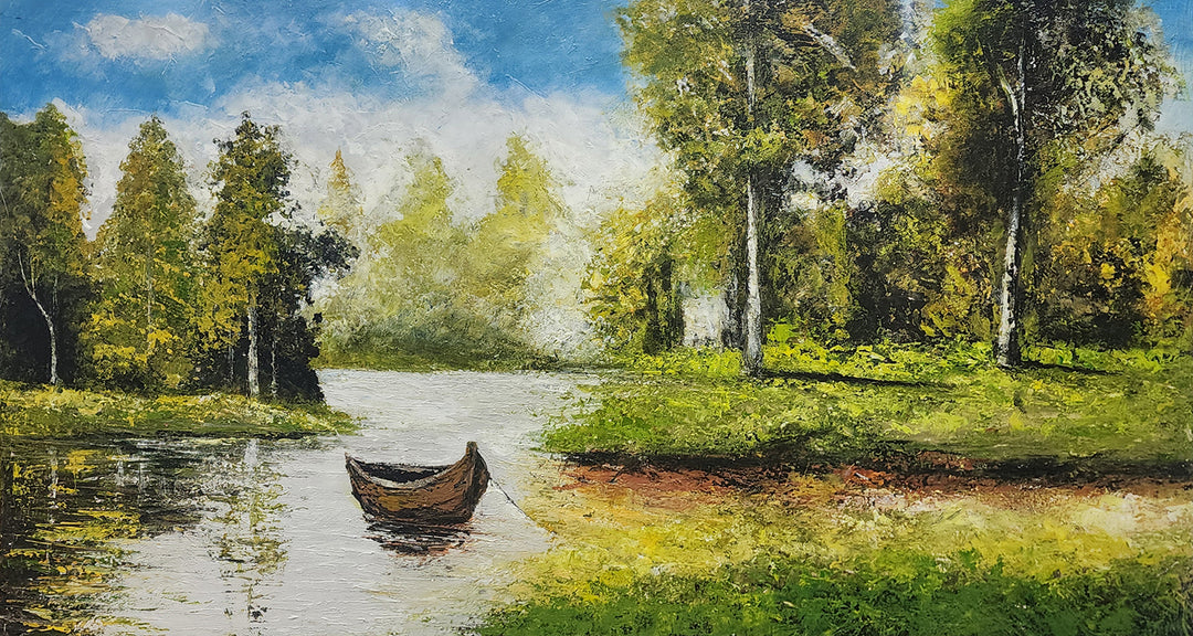 Tranquil Escape: Hand-Painted Lakeside Serenity, Size 80-x150