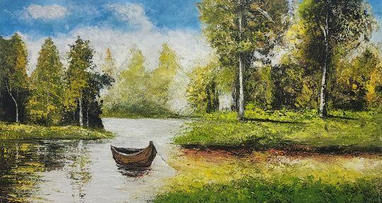 Tranquil Escape: Hand-Painted Lakeside Serenity, Size 80-x150