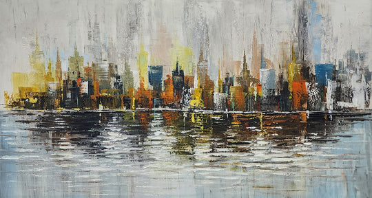 City Lights Reflections: Hand-Painted Urban Skyline, 80x150