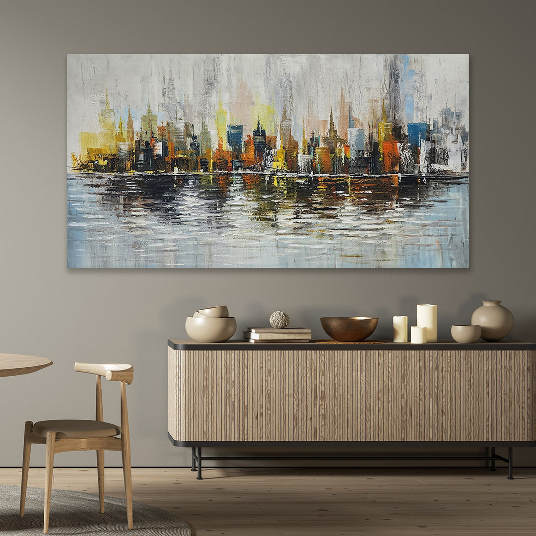 City Lights Reflections: Hand-Painted Urban Skyline, 80x150