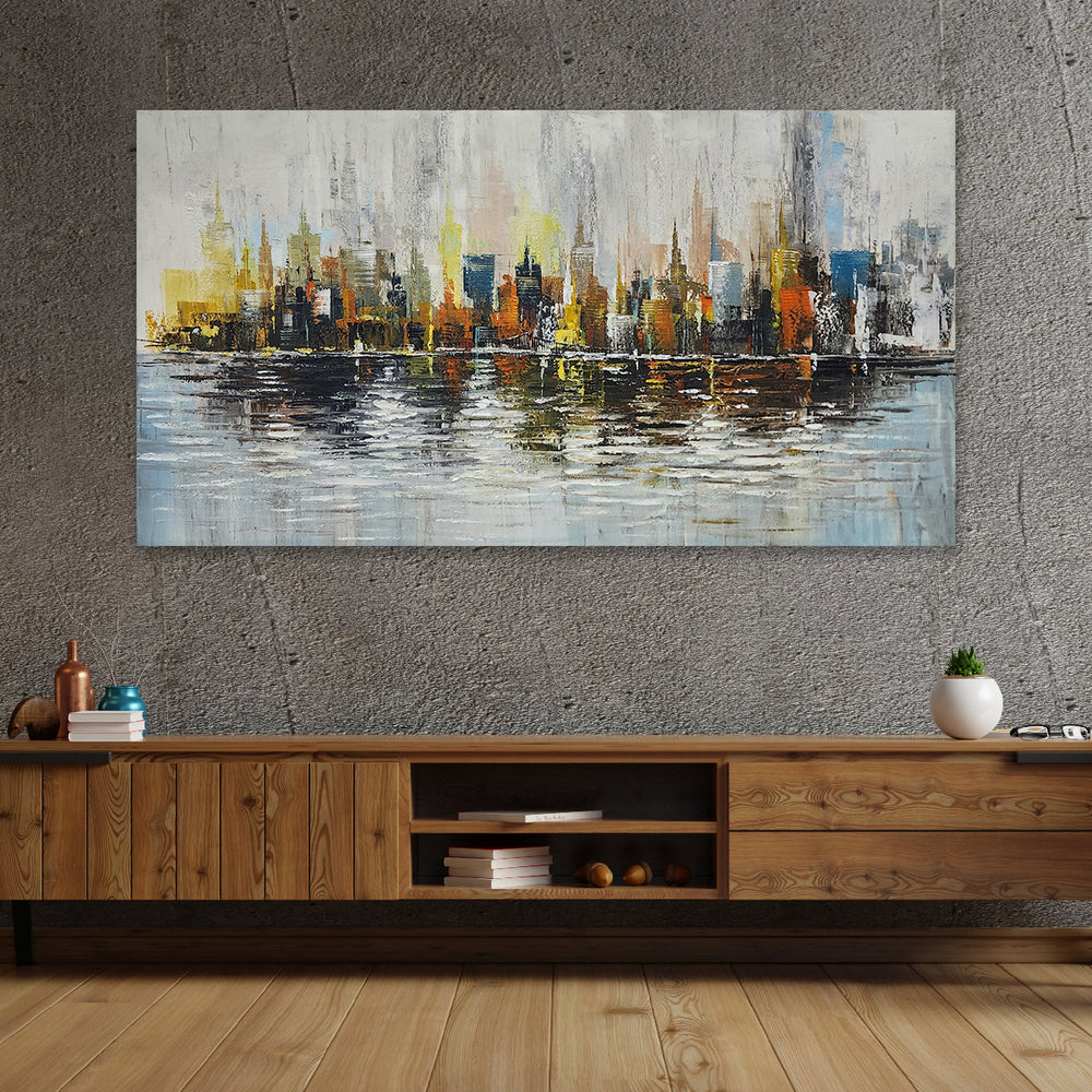 City Lights Reflections: Hand-Painted Urban Skyline, 80x150