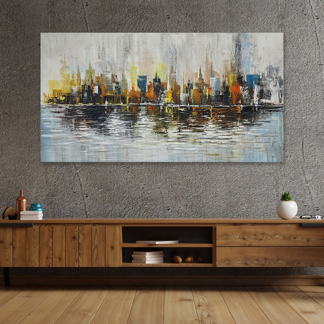 City Lights Reflections: Hand-Painted Urban Skyline, 80x150