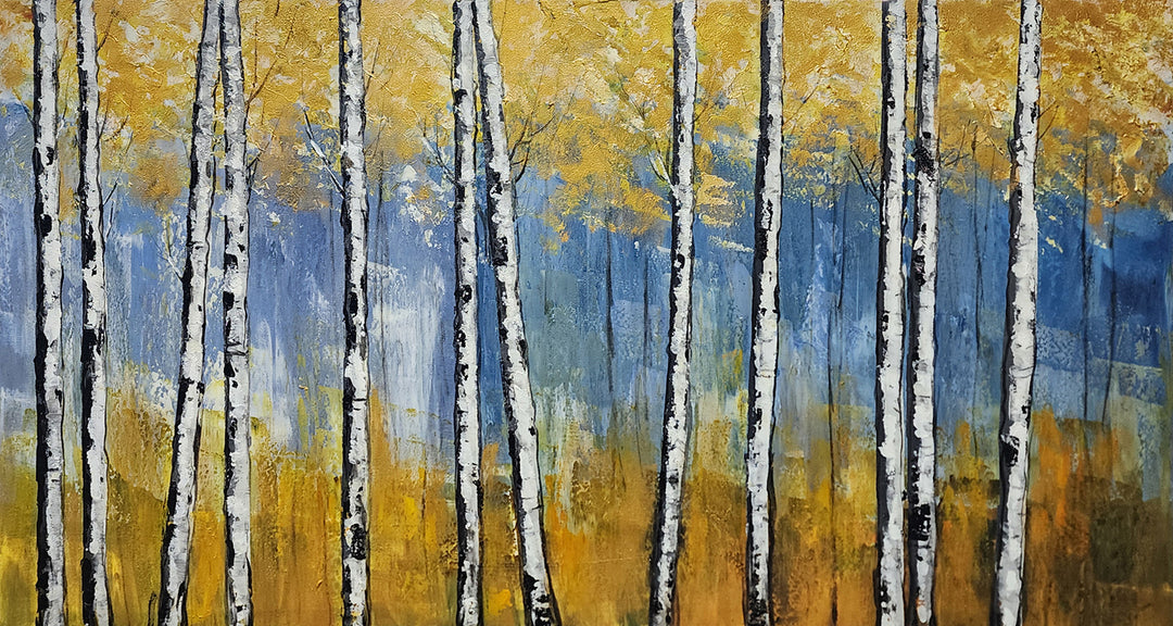 Golden Birch Serenity: Hand-Painted Textured Forest, Size 80x150