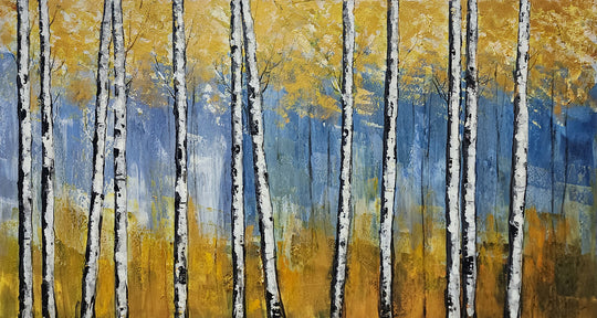 Golden Birch Serenity: Hand-Painted Textured Forest, Size 80x150