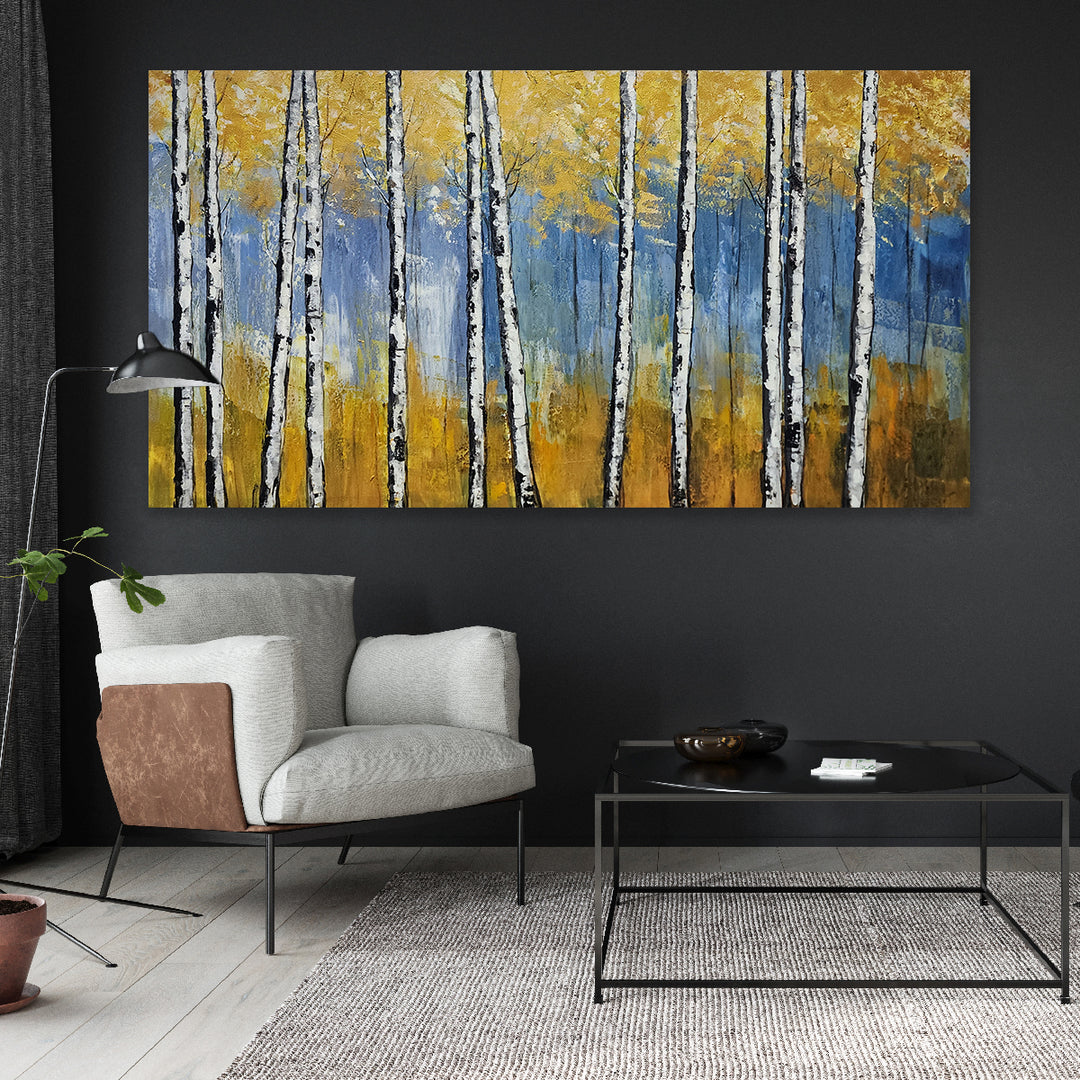 Golden Birch Serenity: Hand-Painted Textured Forest, Size 80x150