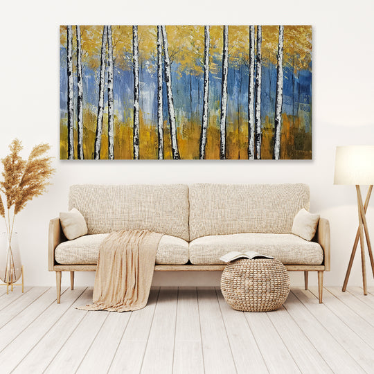 Golden Birch Serenity: Hand-Painted Textured Forest, Size 80x150