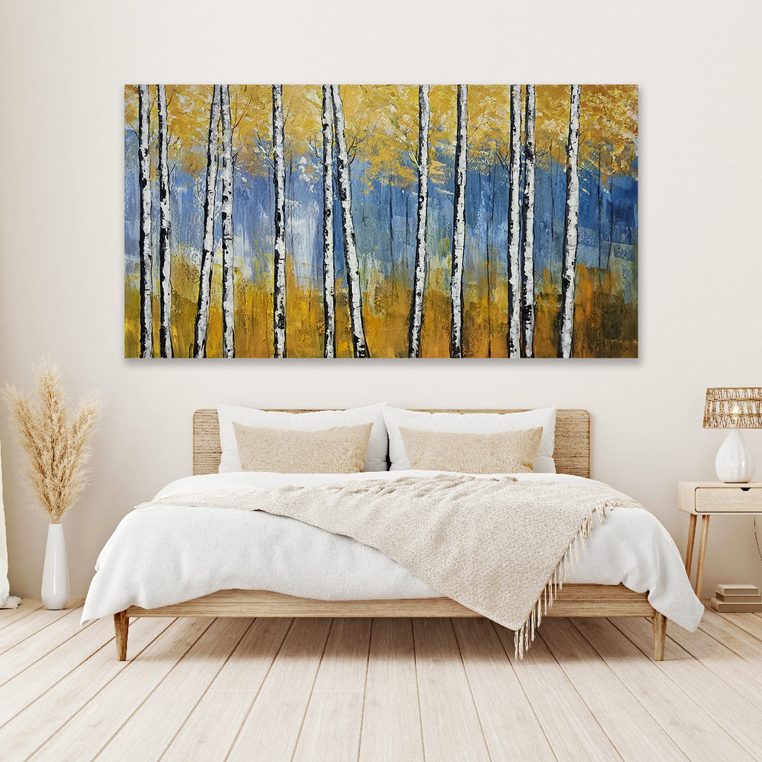 Golden Birch Serenity: Hand-Painted Textured Forest, Size 80x150