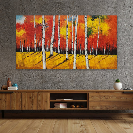 Autumn Radiance: Hand-Painted Birch Forest, Size 80x150