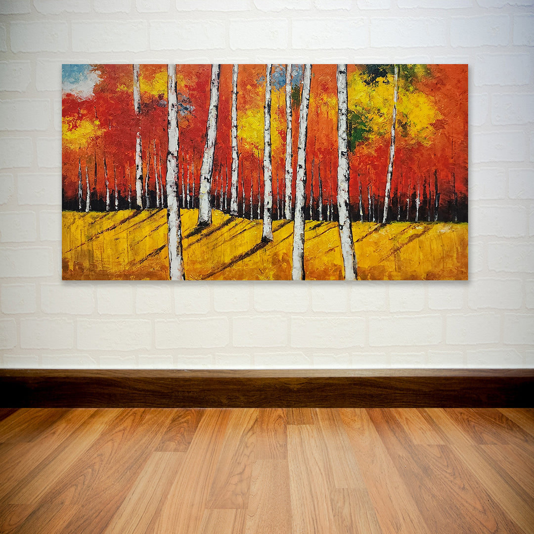 Autumn Radiance: Hand-Painted Birch Forest, Size 80x150