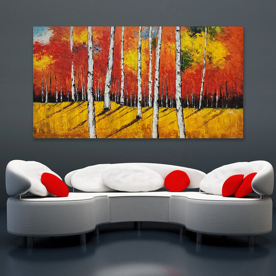 Autumn Radiance: Hand-Painted Birch Forest, Size 80x150
