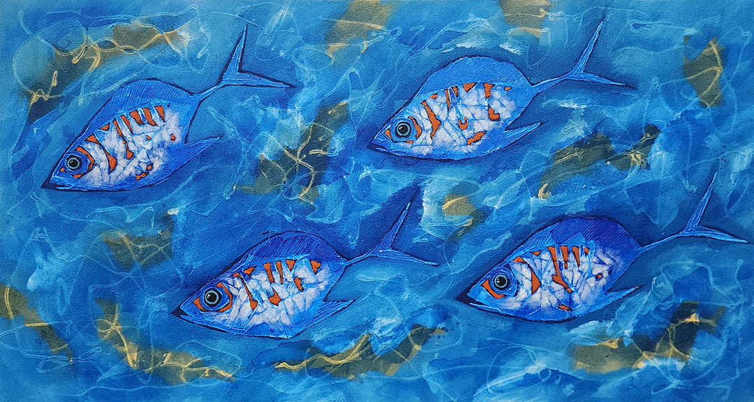 Ocean Drift: Hand-Painted Textured Fish Artwork, Size 80x150cm