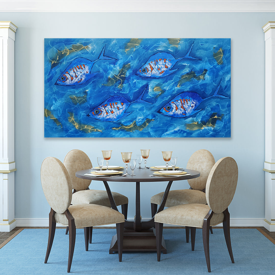 Ocean Drift: Hand-Painted Textured Fish Artwork, Size 80x150cm