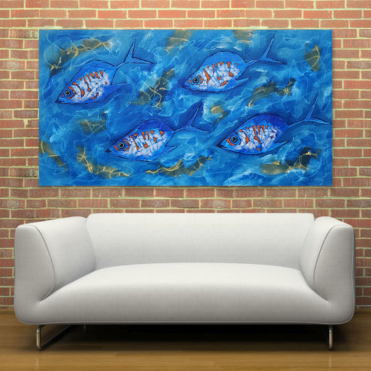 Ocean Drift: Hand-Painted Textured Fish Artwork, Size 80x150cm