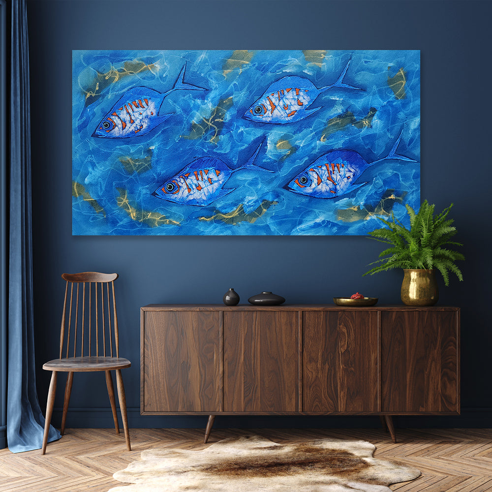 Ocean Drift: Hand-Painted Textured Fish Artwork, Size 80x150cm