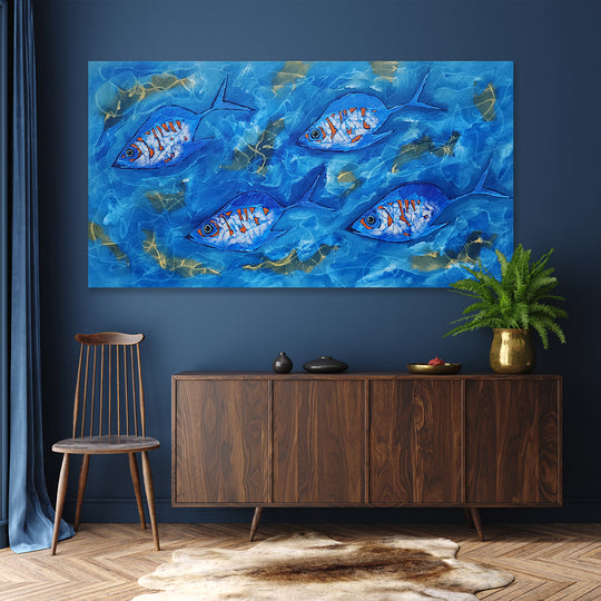 Ocean Drift: Hand-Painted Textured Fish Artwork, Size 80x150cm