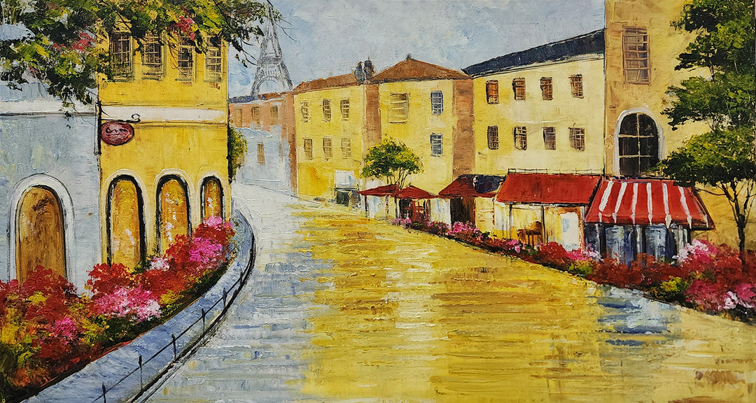 Golden Streets: A Vibrant Journey Through a Dreamy Town, size 80x150cm