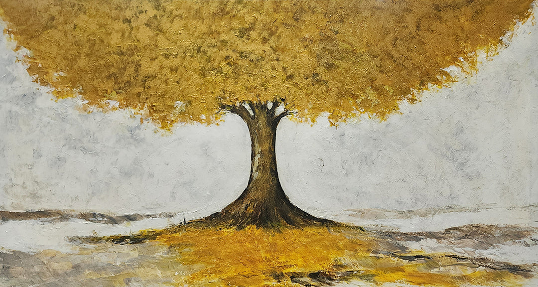 Majestic Harmony: Hand-Painted Golden Tree Artwork, Size 80x150cm