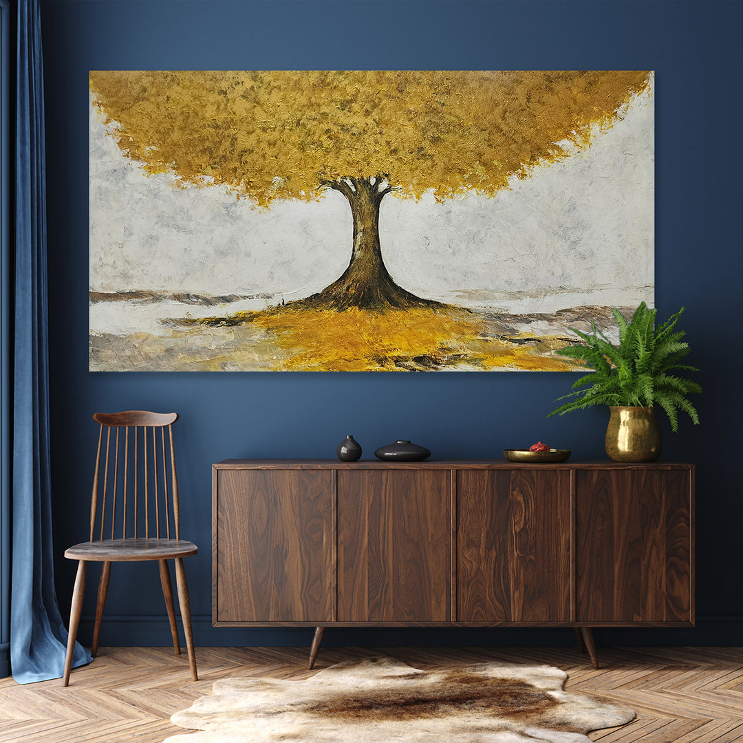 Majestic Harmony: Hand-Painted Golden Tree Artwork, Size 80x150cm
