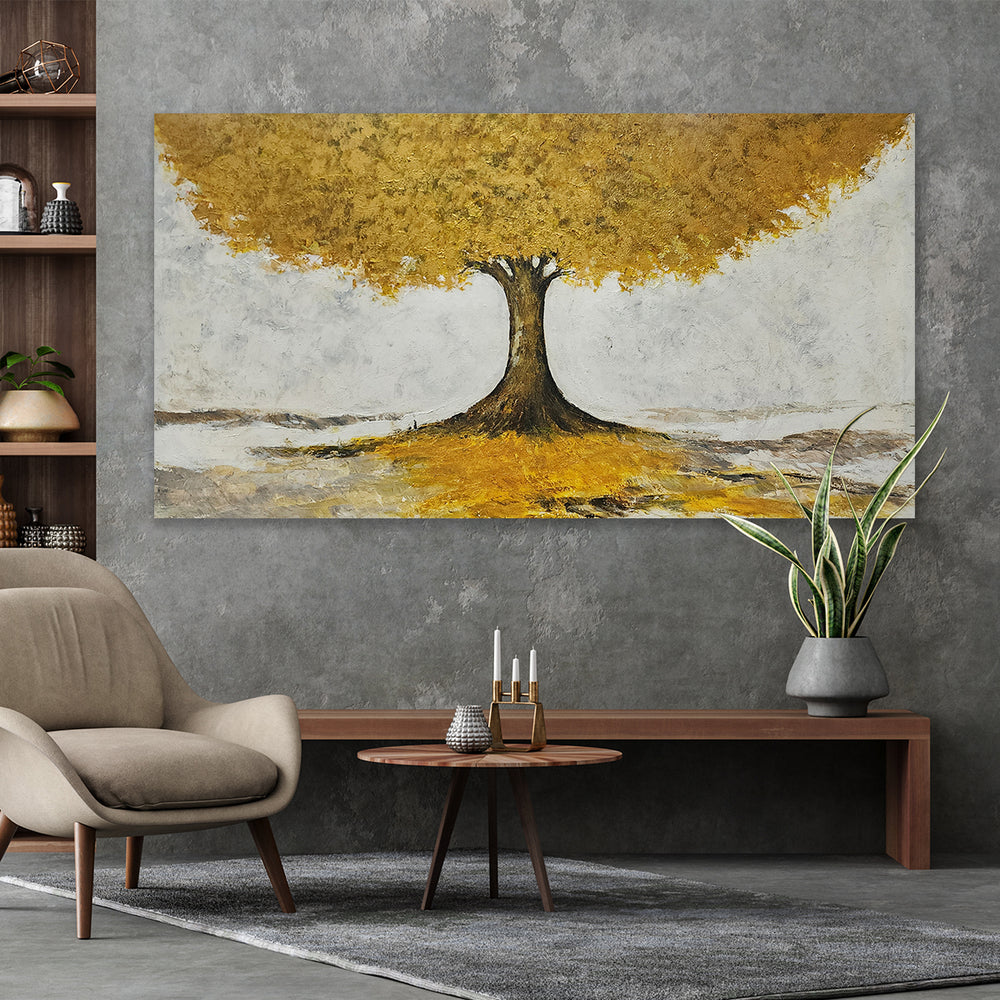 Majestic Harmony: Hand-Painted Golden Tree Artwork, Size 80x150cm