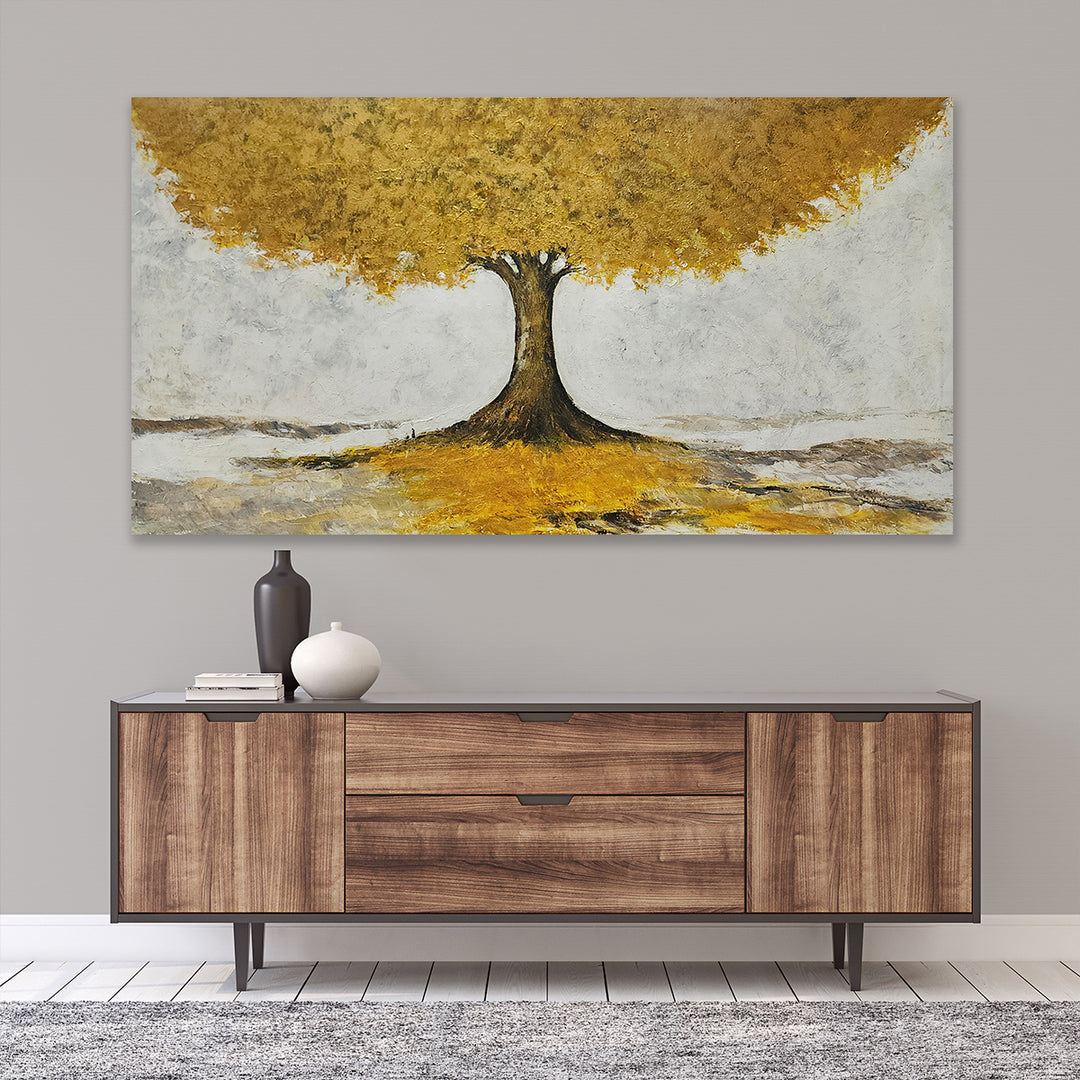 Majestic Harmony: Hand-Painted Golden Tree Artwork, Size 80x150cm