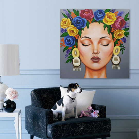Floral Serenity - Hand Painted Contemporary Portrait Artwork 120x120cm - AC787