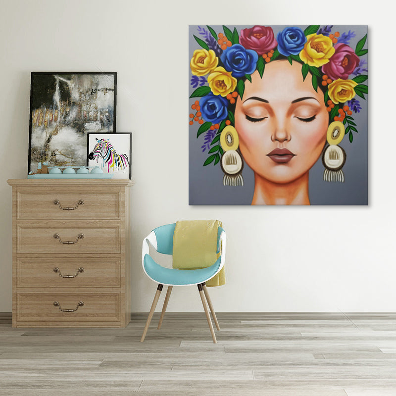 Floral Serenity - Hand Painted Contemporary Portrait Artwork 120x120cm - AC787