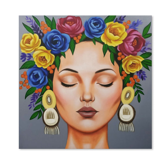 Floral Serenity - Hand Painted Contemporary Portrait Artwork 120x120cm - AC787